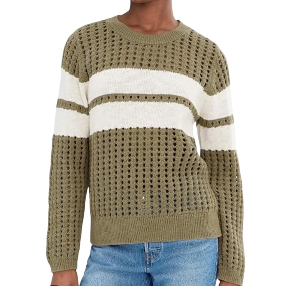 Sanctuary Womens Open Knit Stripe Pullover Crewneck Sweater Olive Green Medium M